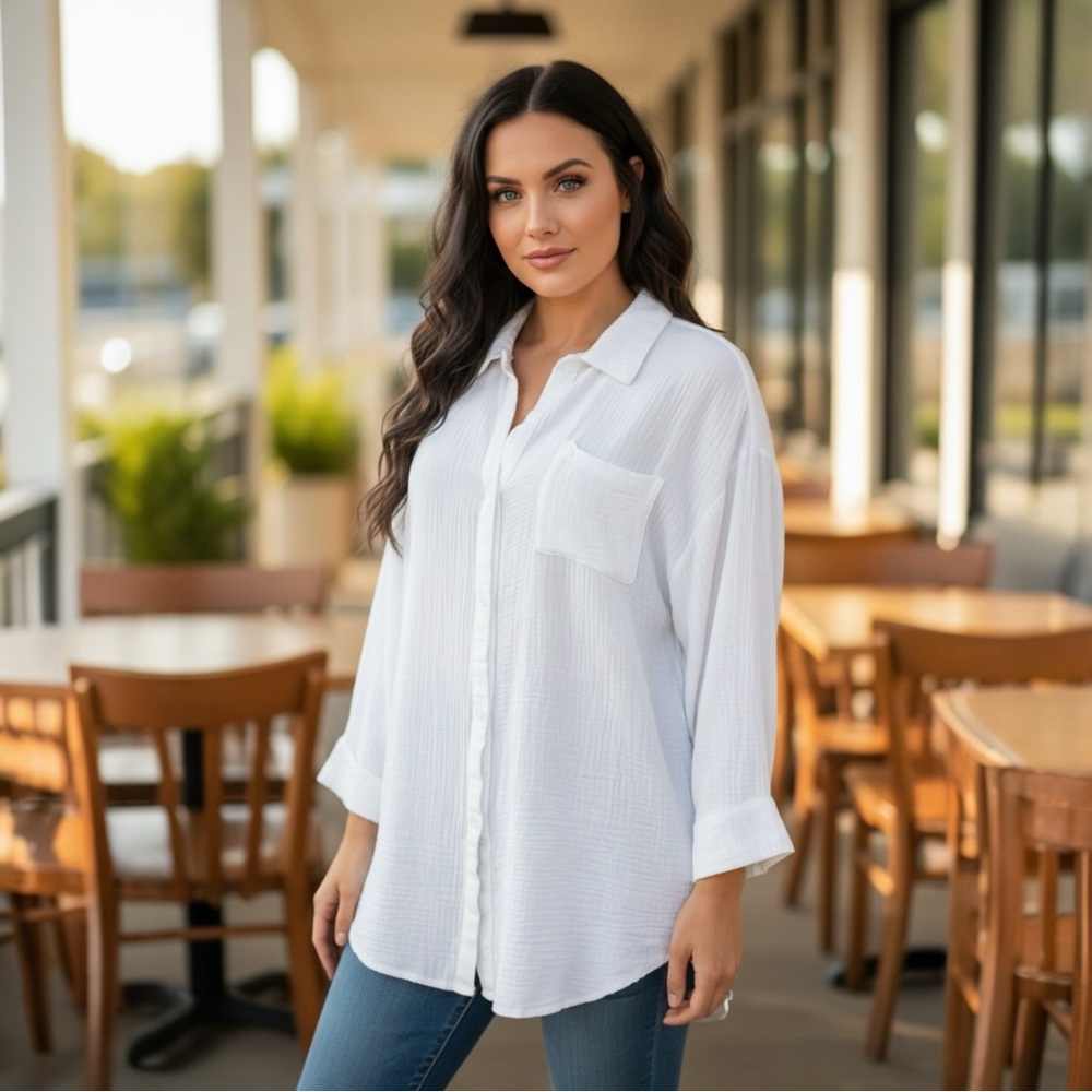 Kona Sol White Gauze Button-Up Shirt 100% Cotton Women's Medium